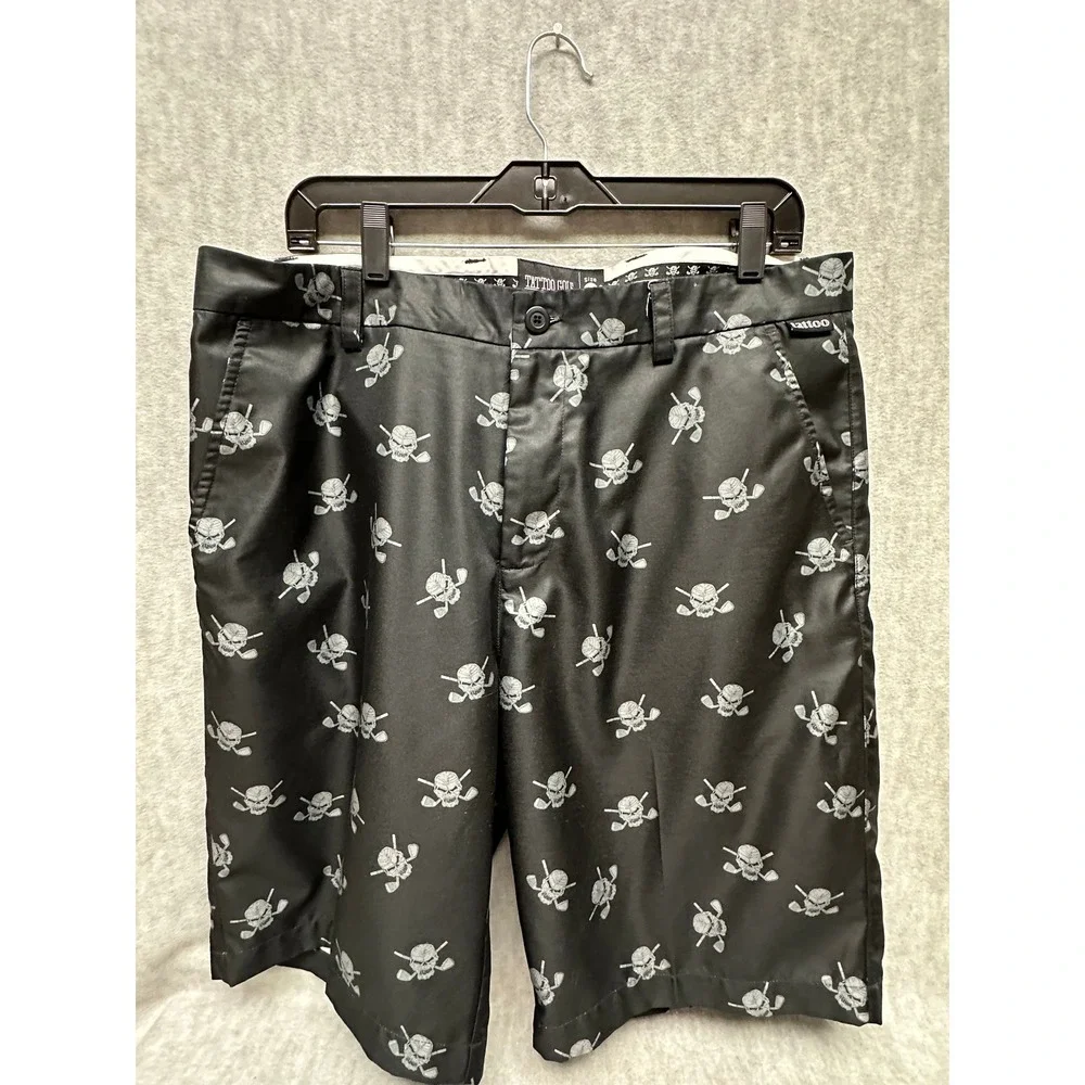 Tattoo Golf‎ Performance Shorts Mens 36 Black Skull Crossed Clubs Print